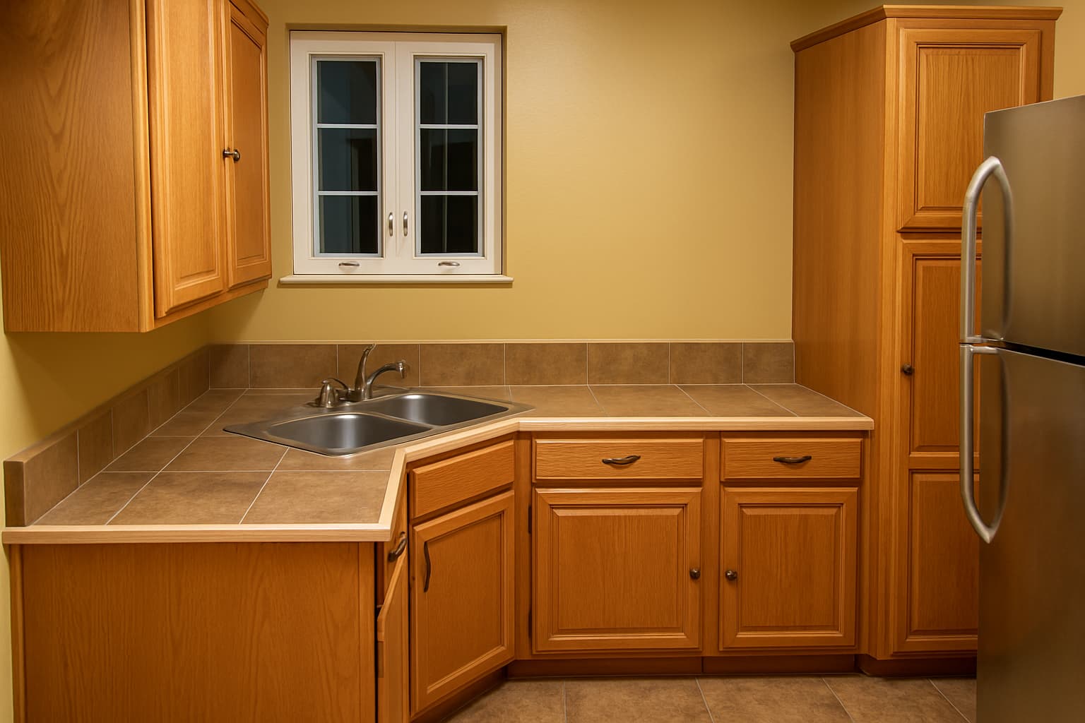 Kitchen with oak cabinets, tiled countertops and a new window above the sink