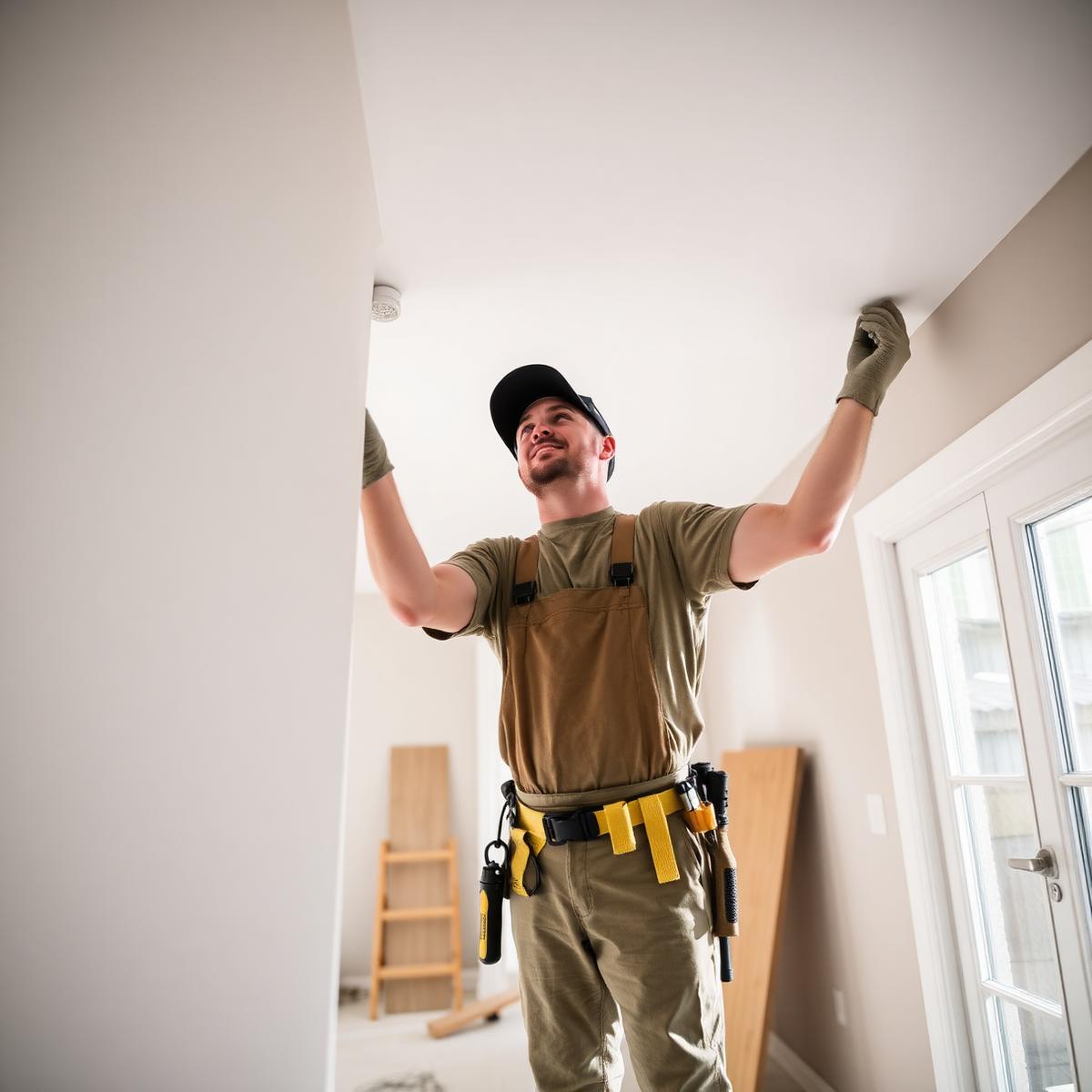 Contractor from Fortune's Knockout Home Improvement finishing drywall inside a modern Detroit home