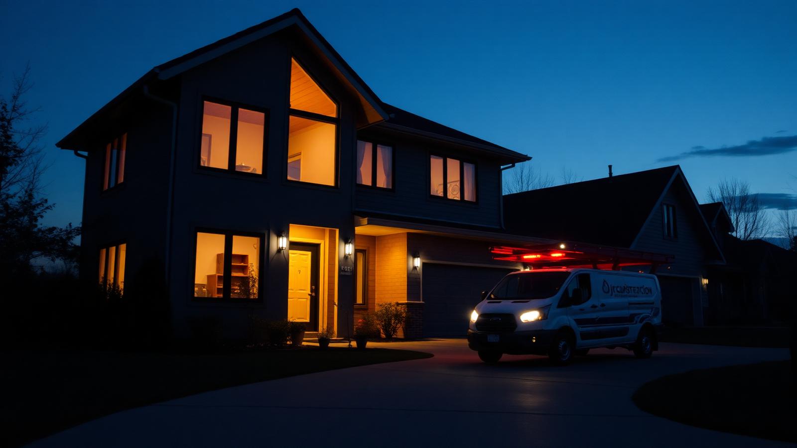 Modern home at dusk with contractor van in the driveway after a home improvement project