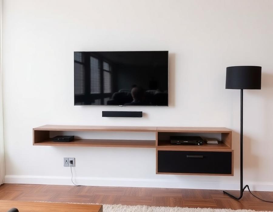 Wall mounted television with concealed cables above floating shelves