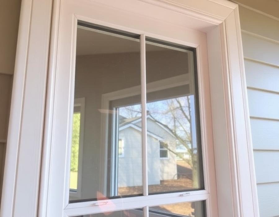 Repaired residential window with clean glass and new caulking